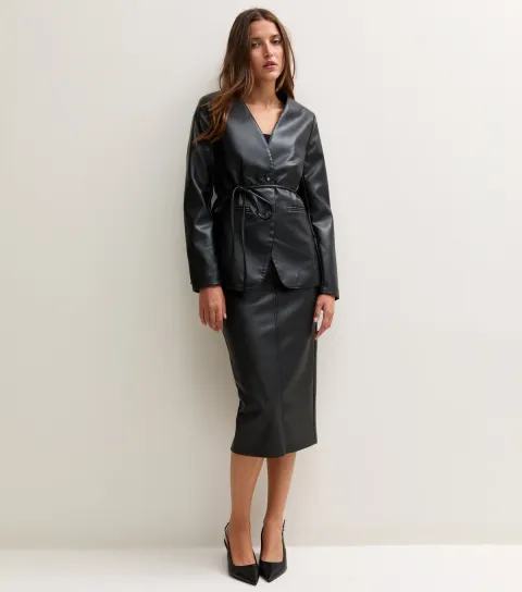 New Look Women's Black Faux Leather Pencil Midi Skirt