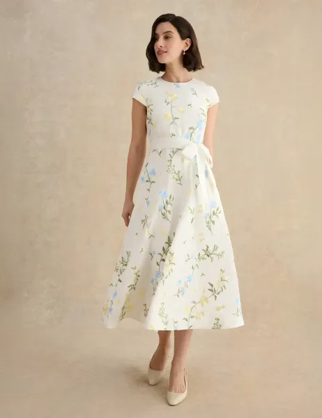Hobbs Linen Rich Floral Midi Waisted Dress White Mix