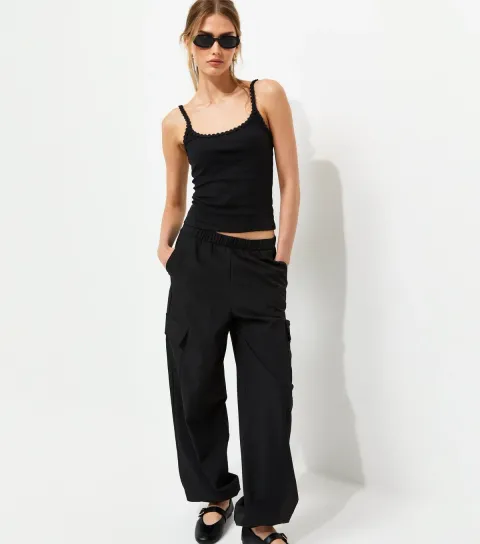 Women's Black Cargo Pocket Tapered Cuffed Trousers