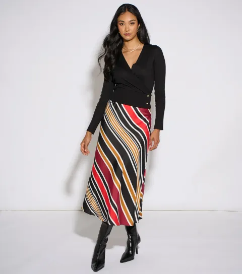 Women's Black Diagonal Stripe Satin Bias Cut Skirt