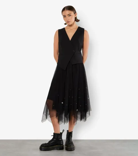 Women's Black Tulle Faux Pearl Midi Skirt
