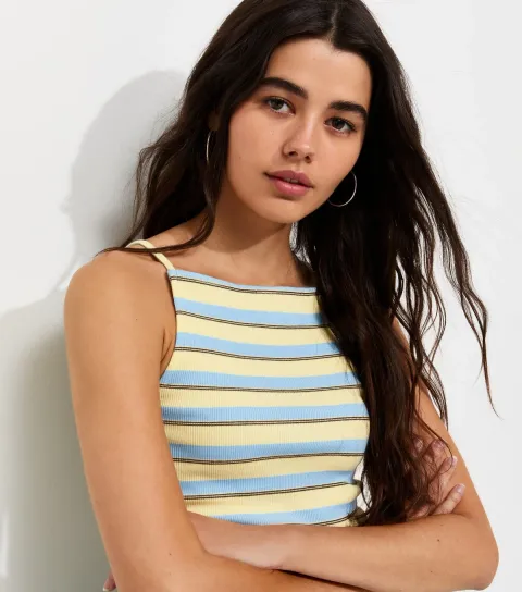 Women's Yellow Cotton Rich Striped Square Neck Tank top