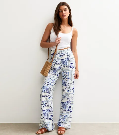 New Look Women's White Postcard Print Wide Leg Trousers