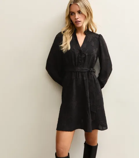 New Look Women's Petite Black Textured Floral Button Up Mini Dress