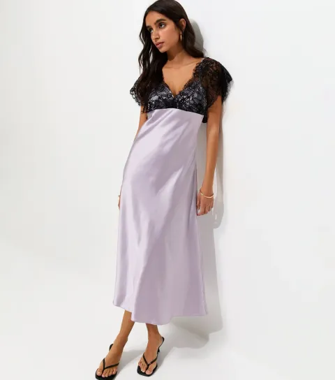 Women's Lilac Satin Lace Bust Midi Dress