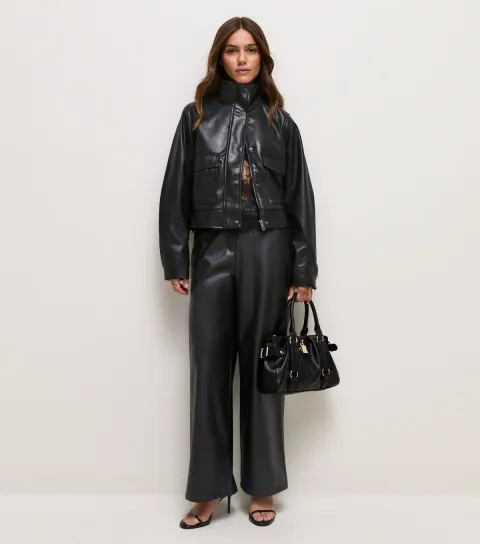 New Look Women's Petite Black Faux Leather Wide Leg Trousers