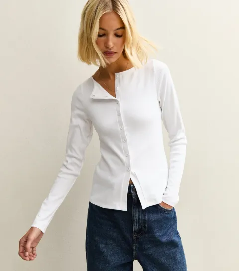 Women's White Ribbed Button Through Long Sleeve Top