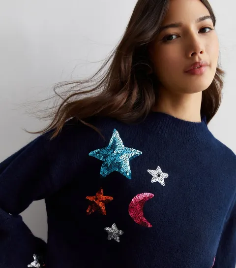 Women's Navy Sequin Star Knit Jumper