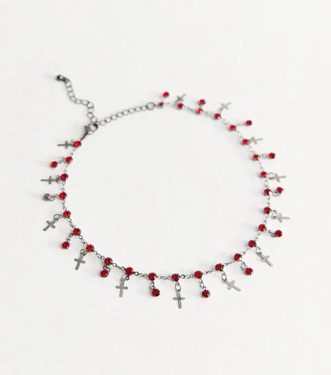 Gunmetal Halloween Gem and Cross Charm Choker Necklace