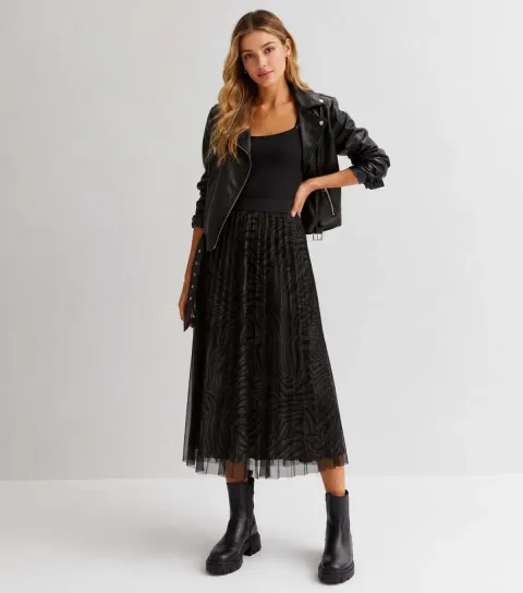 Women's Black Zebra Print Mesh Pleated Midi Skirt