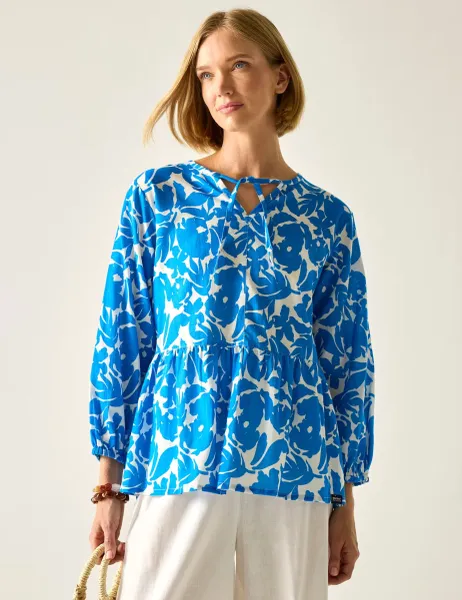 Regatta Primden Cotton Rich Tie Neck Blouse With Linen Blue