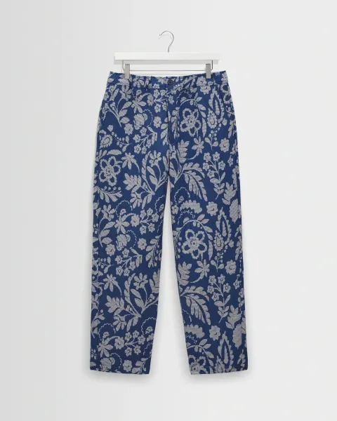 Kurt - Blue and Ecru Floral Jacquard Relaxed Fit Trousers