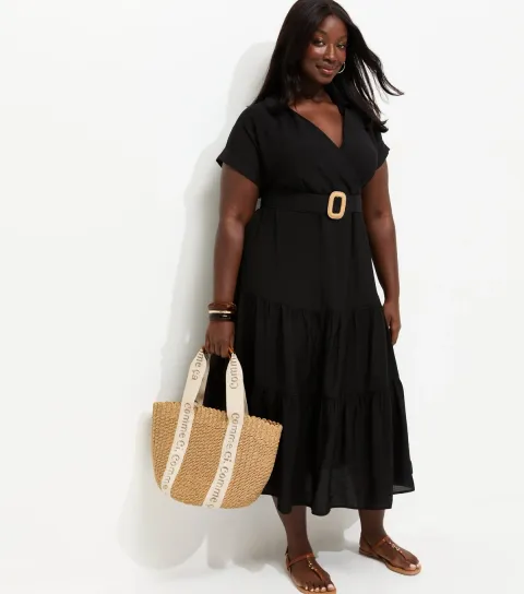 Women's Plus Size Black Tiered Shirt Raffia Belt Midi Dress Curves