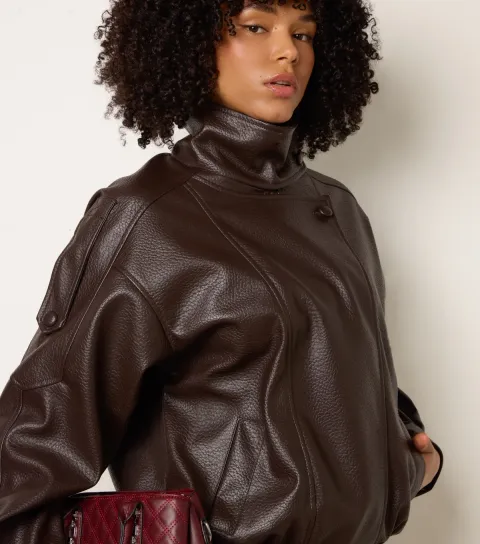 Women's Dark Brown Faux Leather High Collar Jacket