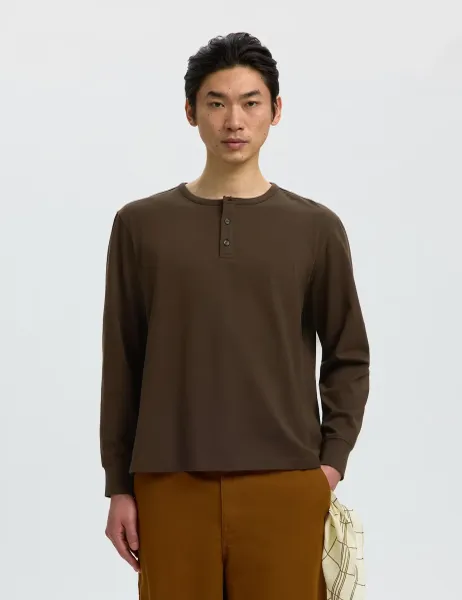 Pure Cotton Jersey Henley Long Sleeve T-Shirt Dark Brown