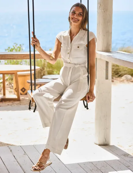 SOSANDAR Denim Short Sleeve Wide Leg Jumpsuit Cream