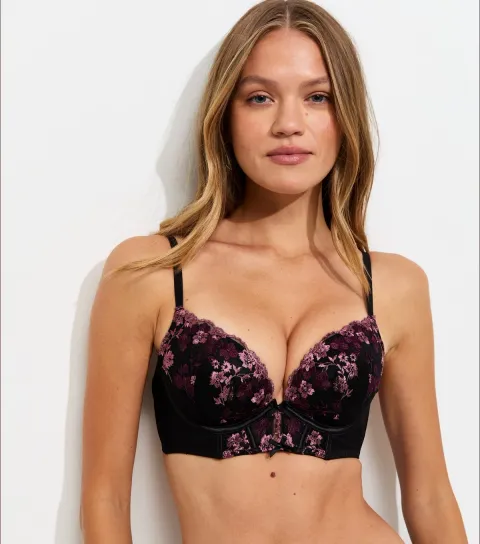 New Look Women's Black and Purple Embroidered Floral Longline Bra