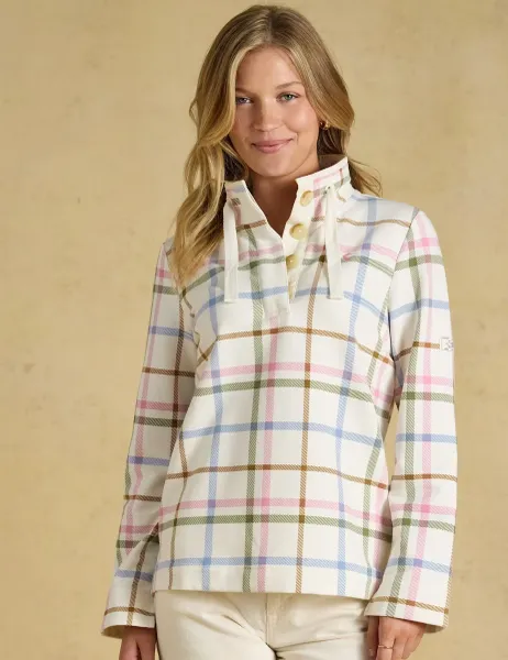 Joules Cotton Rich Checked Funnel Neck Sweatshirt Cream Mix