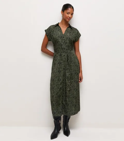 Women's Green Patterned Crepe Short Sleeve Midi Dress