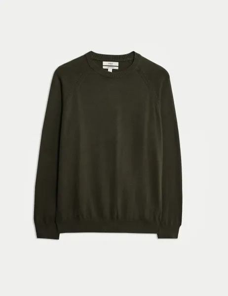 Marks & Spencer Pure Cotton Crew Neck Jumper Dark Khaki