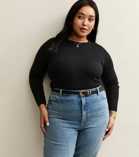 New Look Women's Plus Size Black Ribbed Knit Crew Neck Jumper Curves