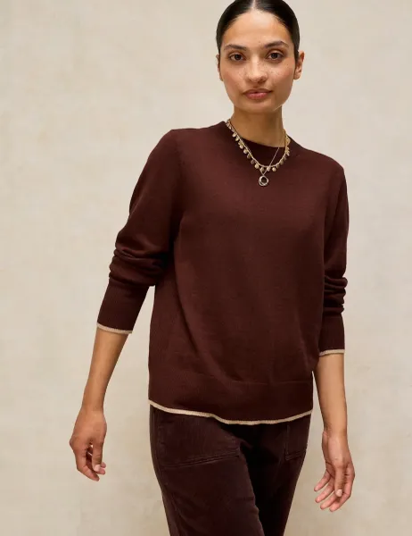 White Stuff Cotton with Merino Wool Crew Neck Jumper Dark Brown