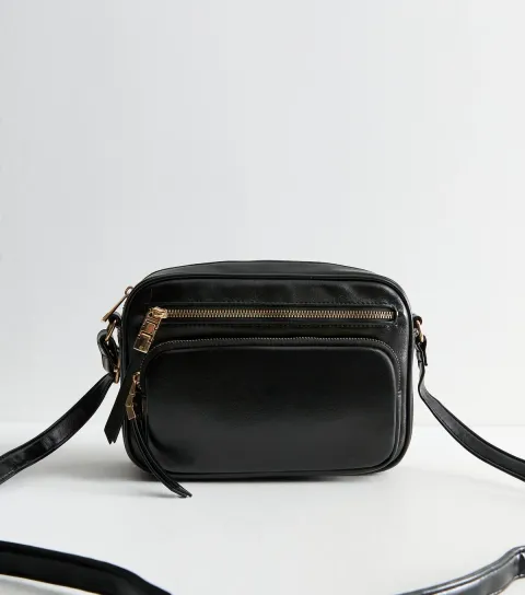 New Look Black Patent Faux Leather Zipped Crossbody Camera Bag