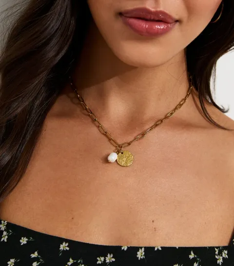 Gold Tone Waterproof Chain Faux-Pearl Coin Necklace
