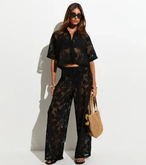 Women's Premium Black Embroidered Netted Floral Lace Beach Wide Leg Trousers