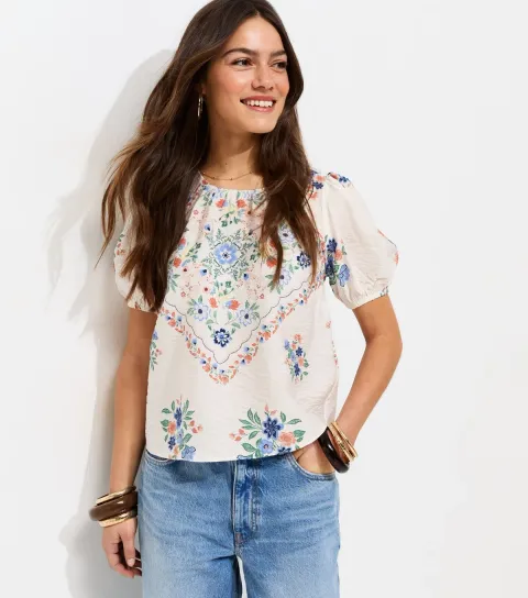 Women's Petite Cream Scarf Print Puff Sleeve Blouse