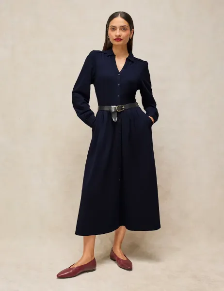 White Stuff Reegan Pure Cotton Button Through Midi Tea Dress Dark Navy