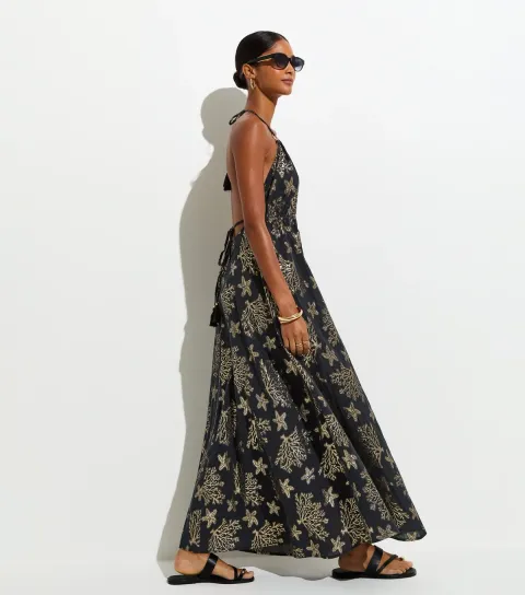 Women's Black Cotton Rich Shimmer Jacquard V-Neck Beach Dress