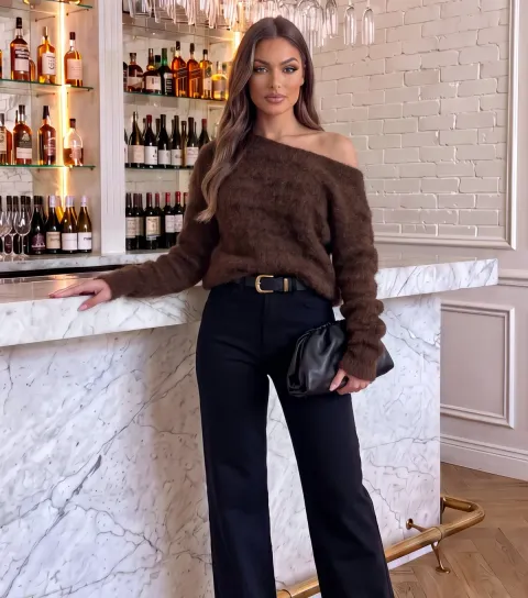 AX Paris Women's Dark Brown Brushed Knit Animal Pattern Off Shoulder Jumper