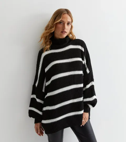 Women's Black Stripe Chunky Knit High Neck Jumper