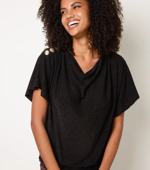 Blue Vanilla Women's Black Draped Cowl Neck Button Detail T-Shirt