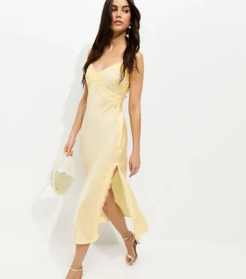 Women's Light Yellow Lace Trim Slip Strappy Midi Dress