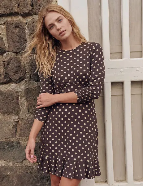 Roman Polka Dot Frill Detail Dress Chocolate