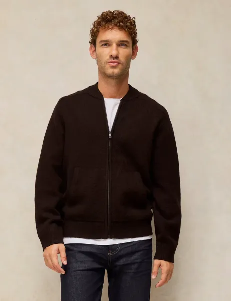 White Stuff Zip Fastening Bomber Cardigan with Wool Brown