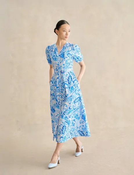 Hobbs Pure Cotton Paisley V-Neck Midi Dress Blue Mix