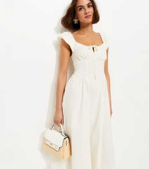Women's White Lace Trim Milkmaid Midi Dress