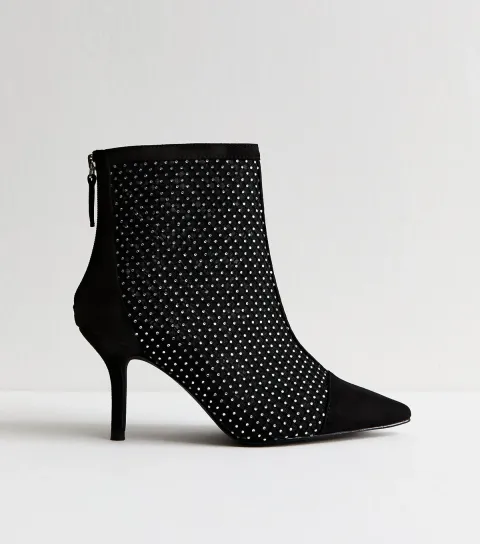 Women's Wide Fit Black Faux Suede Mesh Diamante Embellished Heeled Ankle Boots Vegan