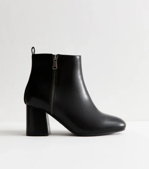 Women's Extra Wide Fit Black Faux Leather Double Zip Heeled Ankle Boots Vegan