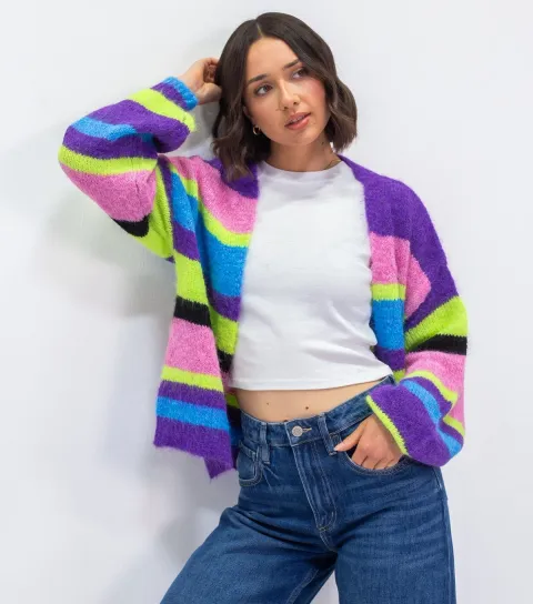 Women's Multicolour Graphic Stripe Knitted Cardigan