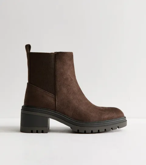 New Look Women's Wide Fit Dark Brown Faux Suede Chunky Sole Ankle Boots Vegan