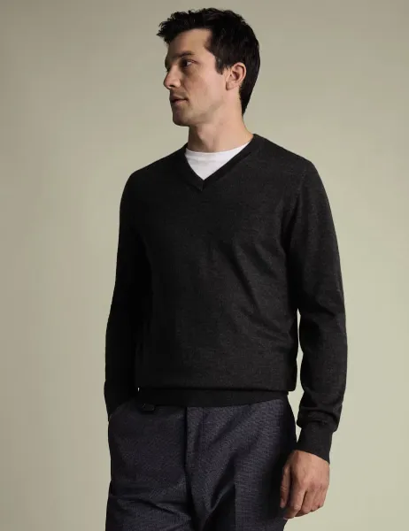 Charles Tyrwhitt Pure Wool V-Neck Jumper Charcoal