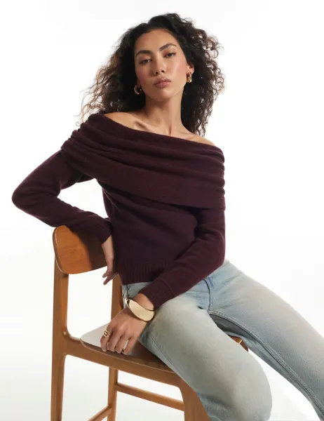 River Island Gathered Shoulder Bardot Jumper with Wool Burgundy