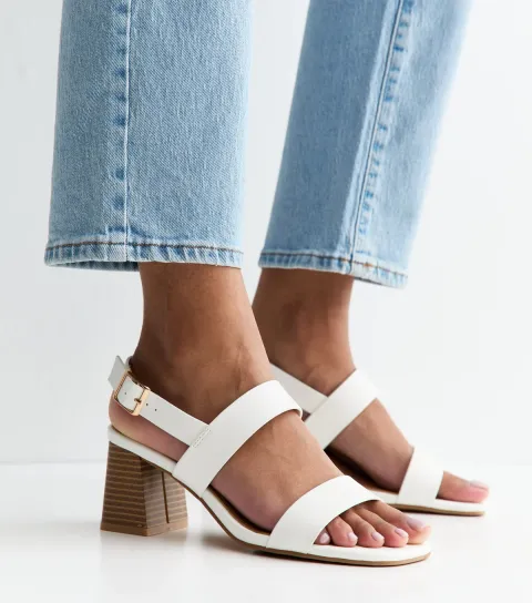 Women's Extra Wide Fit White Faux Leather Double Strap Heeled Sandals Vegan