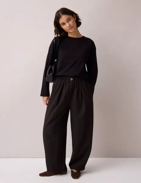 RO&ZO Checked Pleat Front Barrel Leg Trousers Brown Mix