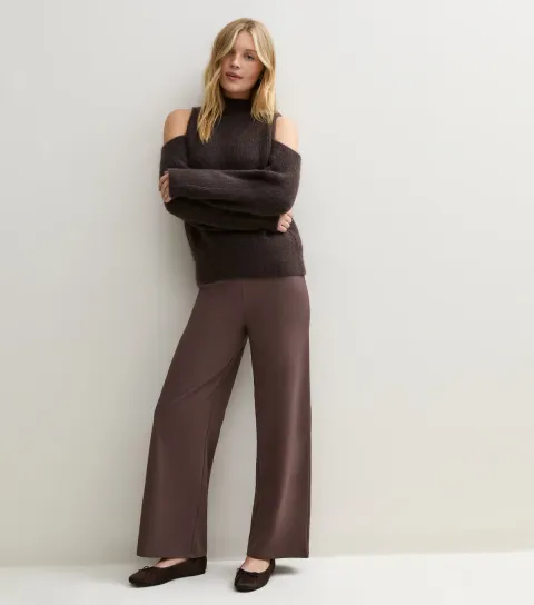 New Look Women's Brown High Waisted Stretch Cotton Jersey Wide Leg Leggings