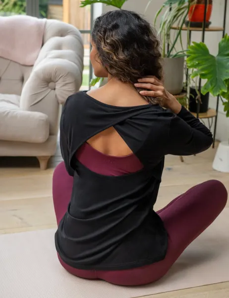 Pour Moi Jersey Round Neck Wrap Back Yoga Top Black